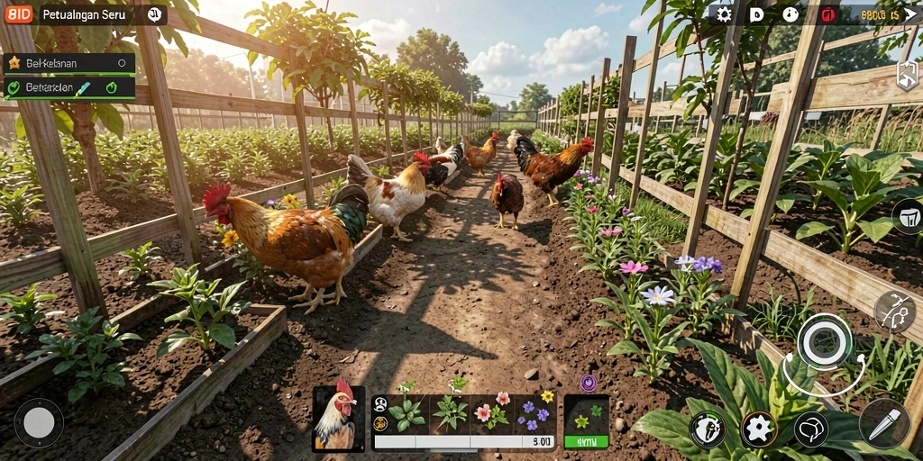 Screenshot gameplay 8ID yang menunjukkan pertanian yang subur dan hewan ternak.