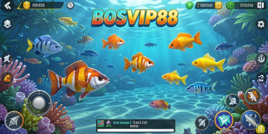 Screenshot gameplay seru BOSVIP88 menampilkan aksi menembak ikan.