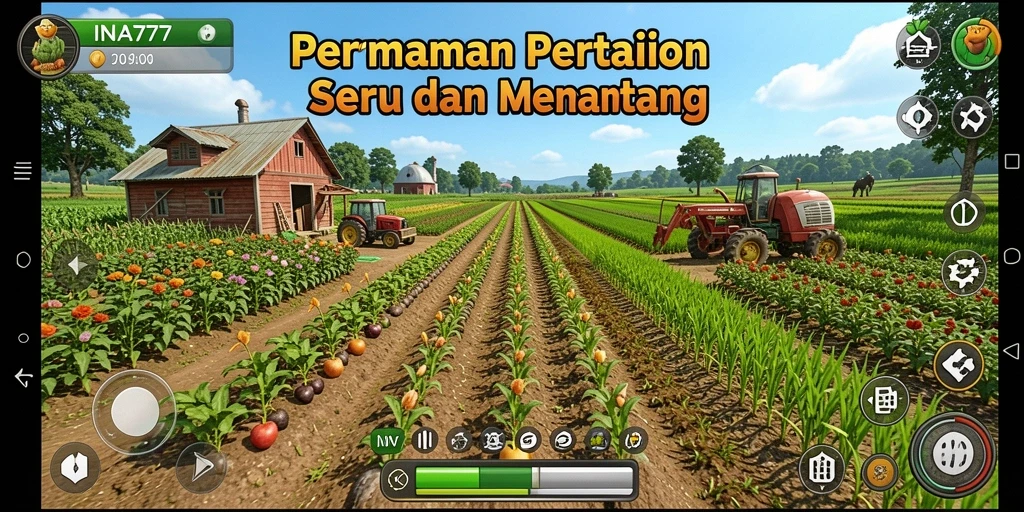 Tangkapan layar gameplay INA777 menampilkan suasana pertanian yang cerah dan aktif.