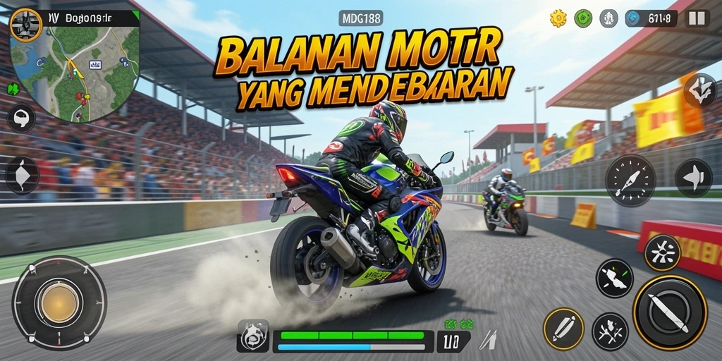 Screenshot gameplay MDG188 menampilkan balapan motor yang intens dan kompetitif.