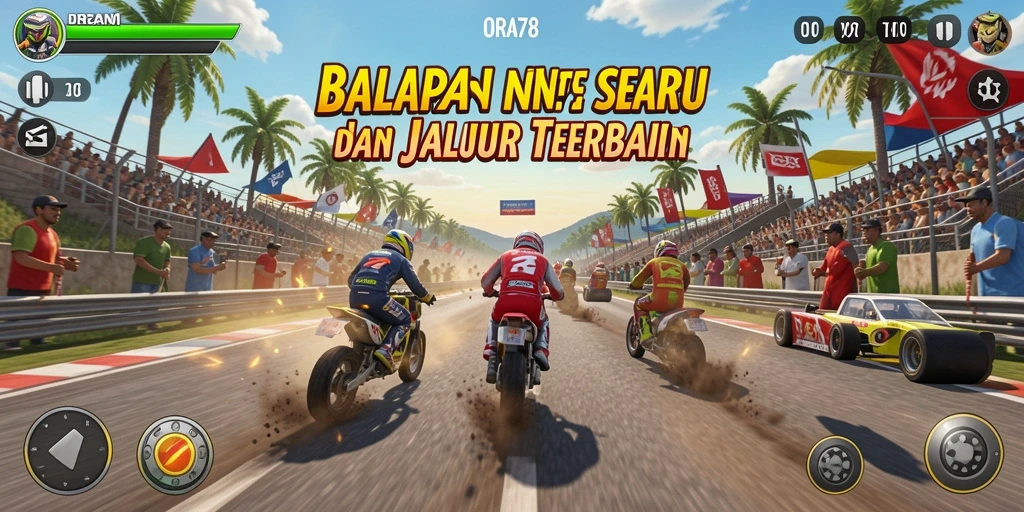 Screenshot gameplay ORA78 yang menunjukkan aksi balapan seru dan menantang