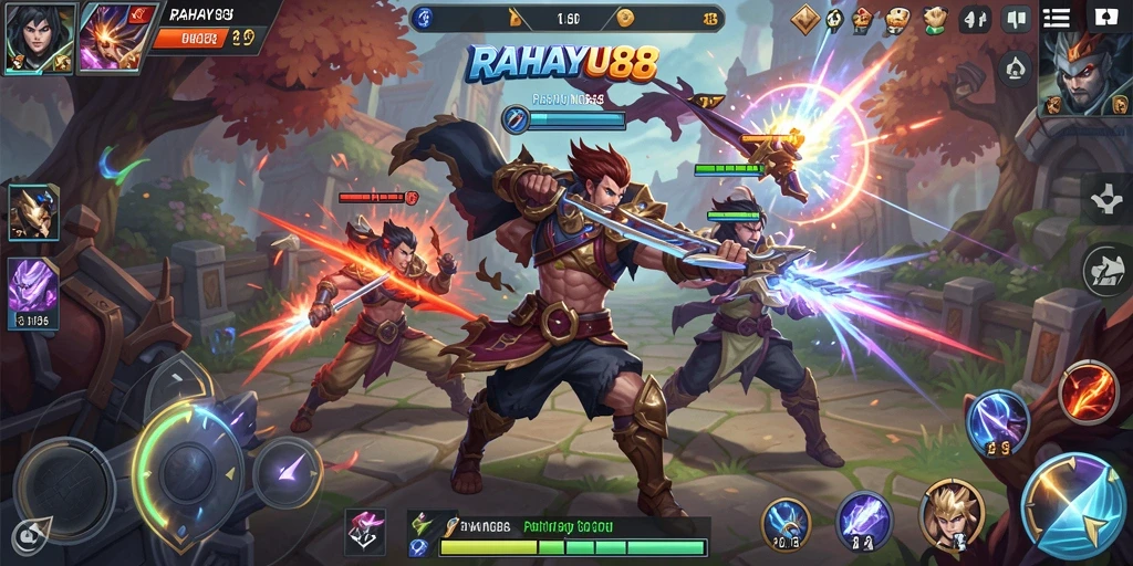 Screenshot utama RAHAYU88 menampilkan aksi seru di arena MOBA.