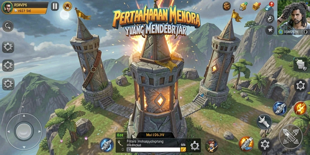 Screenshot gameplay RSNVIP6 yang menunjukkan strategi pertahanan menara.