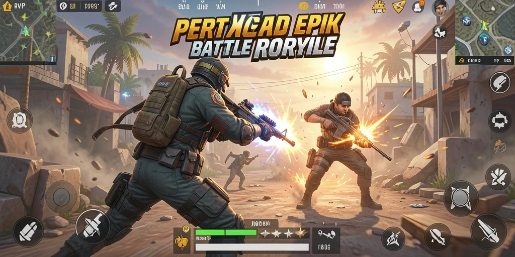 Screenshot utama menunjukkan aksi seru dalam pertempuran Battle Royale.
