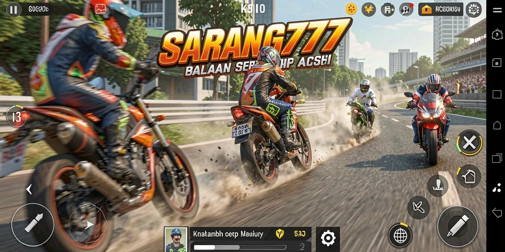 Screenshot SARANG777 menunjukkan balapan motor yang mendebarkan.