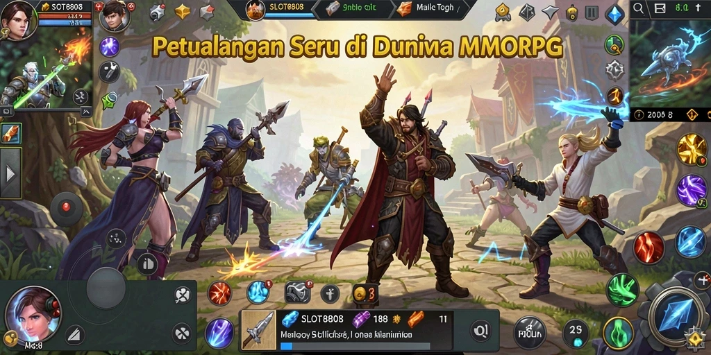 Screenshot gameplay SLOT8808 menampilkan aksi pertempuran epik di dunia MMORPG.