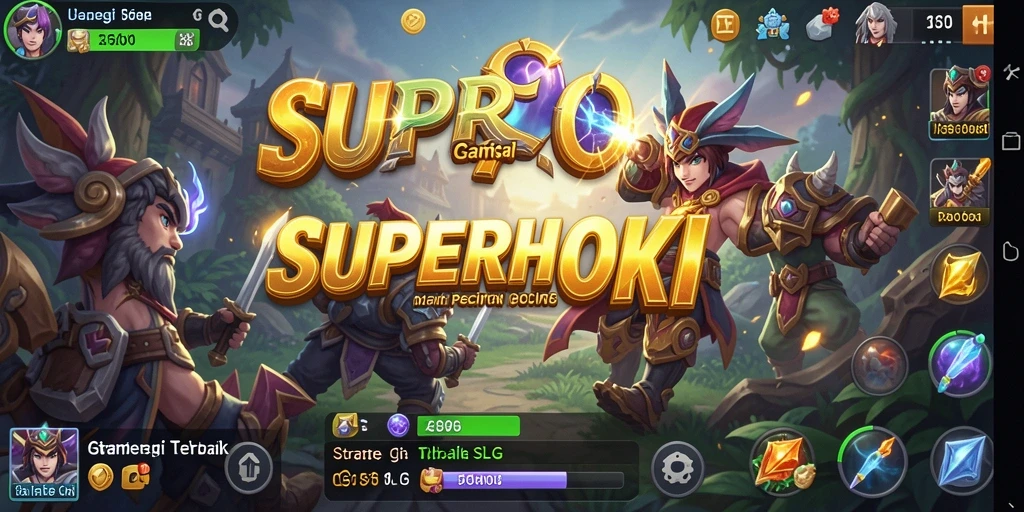 Screenshot utama SUPERHOKI menampilkan karakter dan pertempuran seru di dalam game SLG.